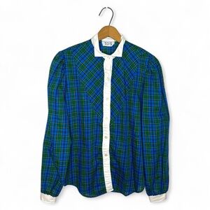 Vintage 80s Stuffed Shirt Plaid Blouse Puff Sleeve Contrast Collar Preppy XS S